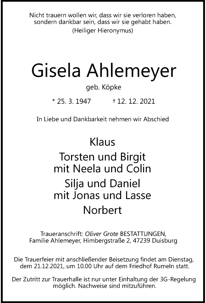  Traueranzeige für Gisela Ahlemeyer vom 18.12.2021 aus Rheinische Post