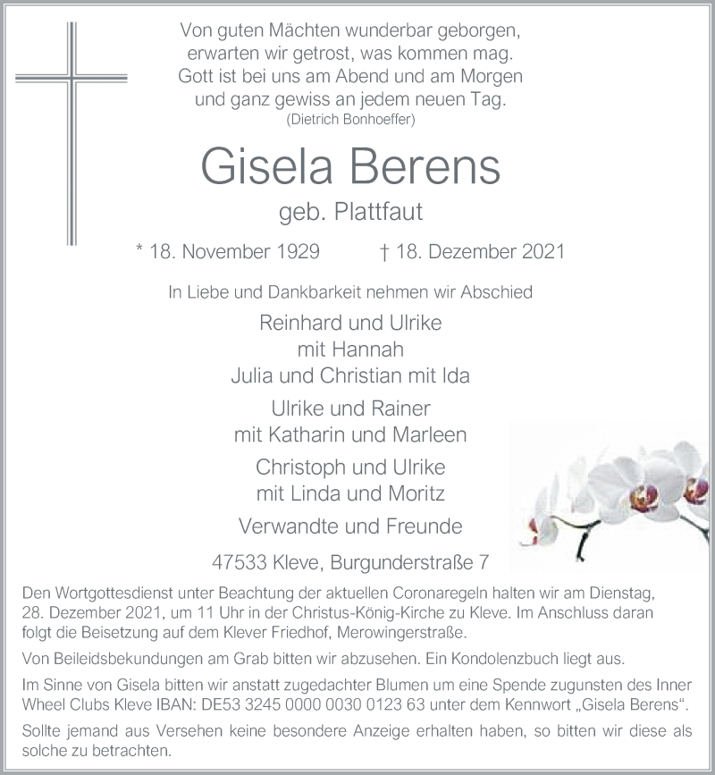  Traueranzeige für Gisela Berens vom 23.12.2021 aus Rheinische Post
