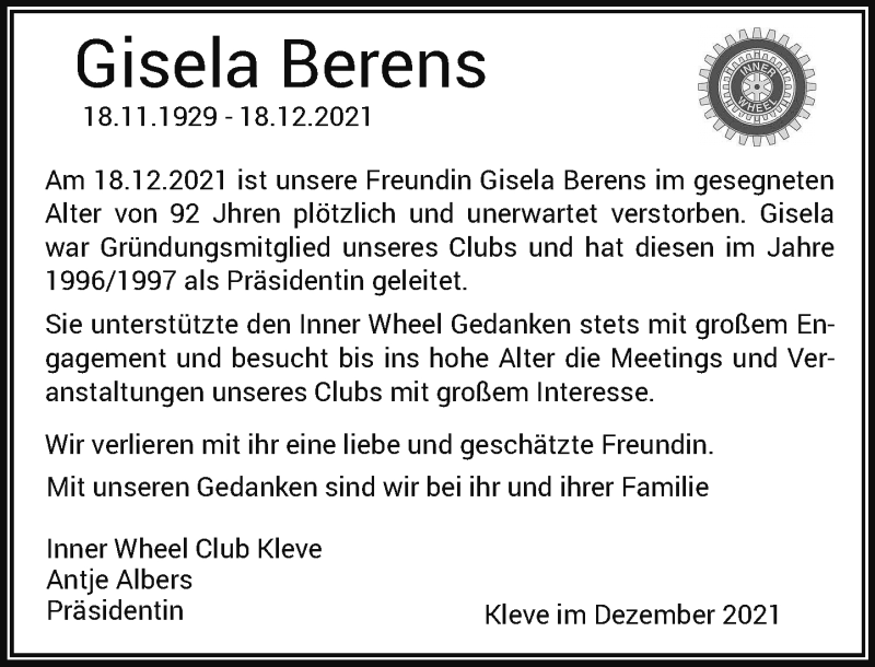  Traueranzeige für Gisela Berens vom 31.12.2021 aus Rheinische Post