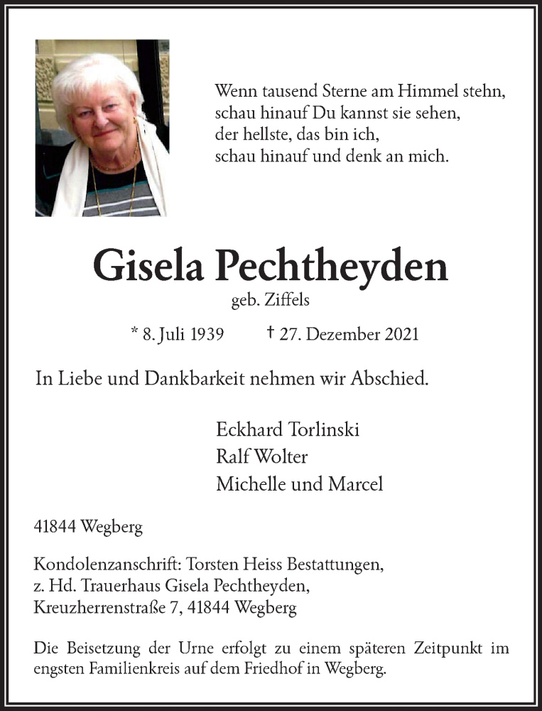  Traueranzeige für Gisela Pechtheyden vom 08.01.2022 aus Rheinische Post