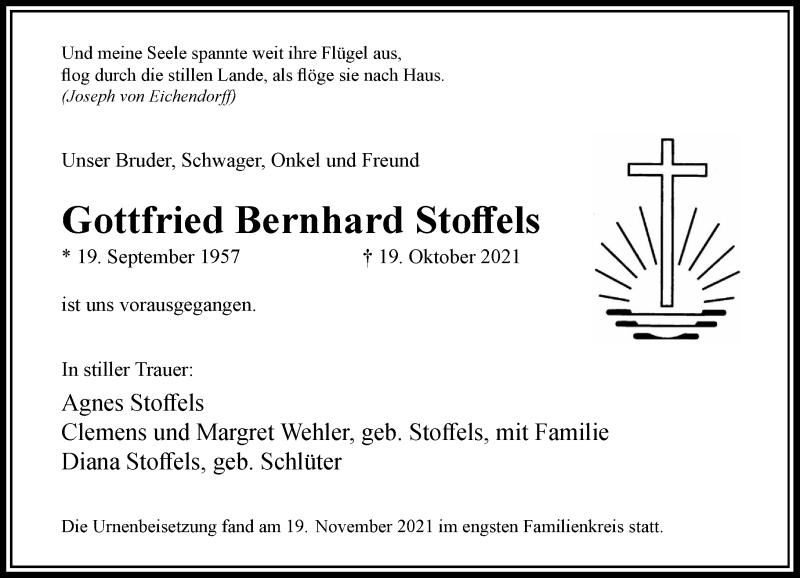  Traueranzeige für Gottfried Bernhard Stoffels vom 01.12.2021 aus Rheinische Post