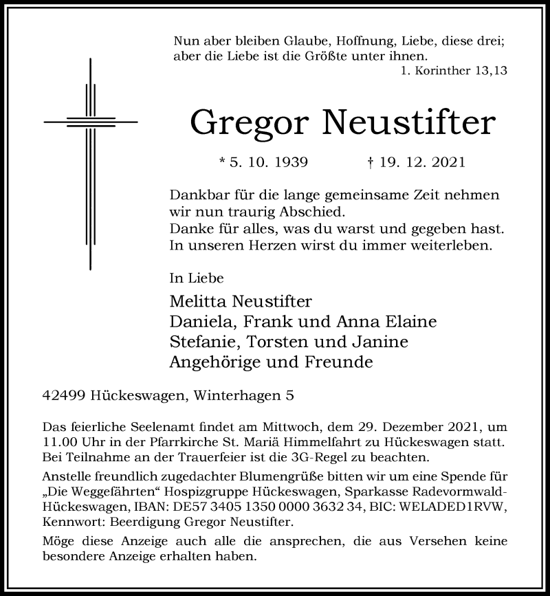  Traueranzeige für Gregor Neustifter vom 24.12.2021 aus Rheinische Post