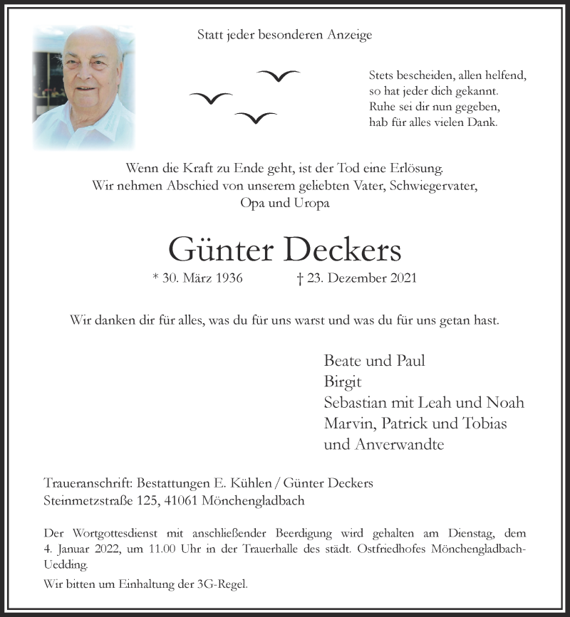  Traueranzeige für Günter Deckers vom 29.12.2021 aus Rheinische Post