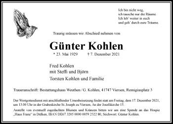 Traueranzeige von Günter Kohlen von Rheinische Post