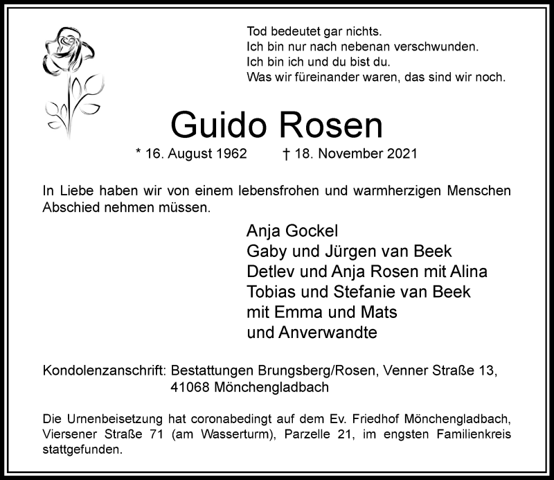  Traueranzeige für Guido Rosen vom 04.12.2021 aus Rheinische Post