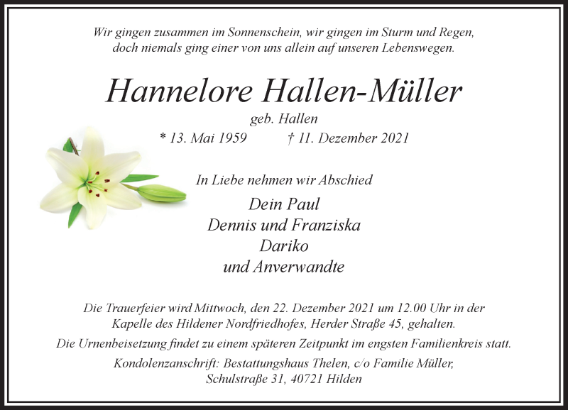  Traueranzeige für Hannelore Hallen-Müller vom 18.12.2021 aus Rheinische Post