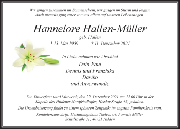 Traueranzeige von Hannelore Hallen-Müller von Rheinische Post