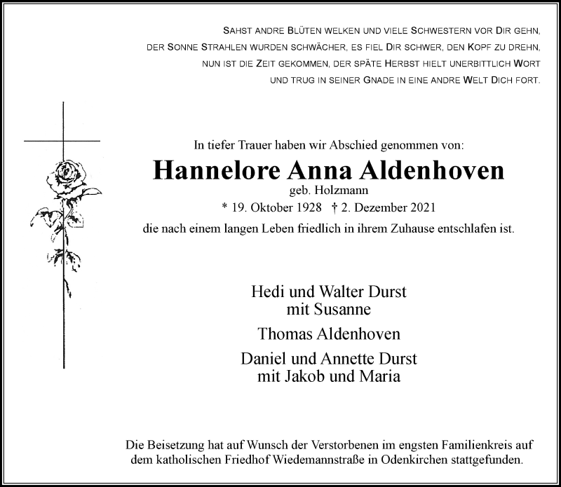  Traueranzeige für Hannelore Anna Aldenhoven vom 11.12.2021 aus Rheinische Post