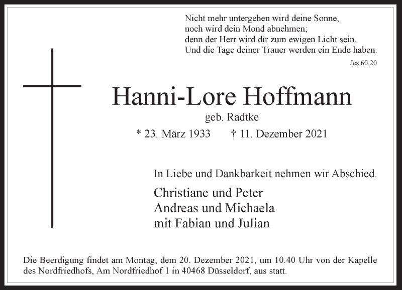  Traueranzeige für Hanni-Lore Hoffmann vom 18.12.2021 aus Rheinische Post