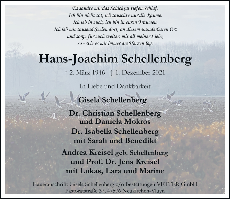  Traueranzeige für Hans-Joachim Schellenberg vom 09.12.2021 aus Rheinische Post