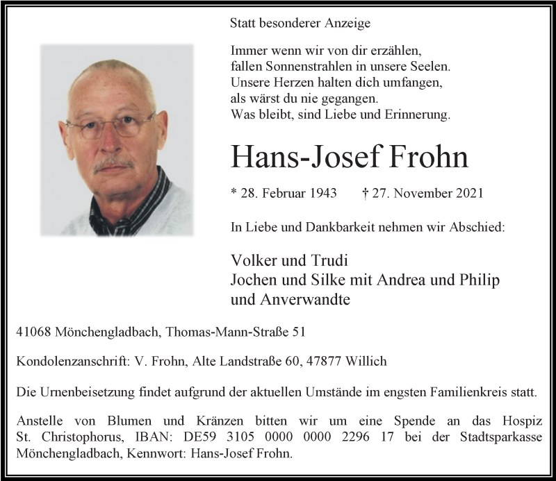  Traueranzeige für Hans-Josef Frohn vom 04.12.2021 aus Rheinische Post