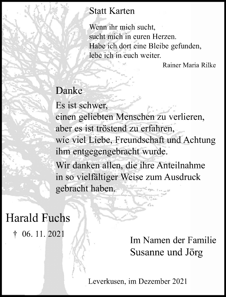  Traueranzeige für Harald Fuchs vom 11.12.2021 aus Rheinische Post