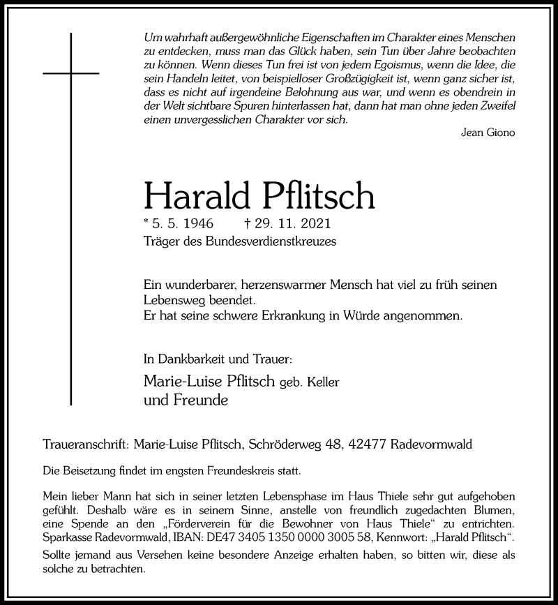  Traueranzeige für Harald Pflitsch vom 04.12.2021 aus Rheinische Post
