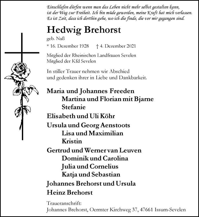  Traueranzeige für Hedwig Brehorst vom 08.12.2021 aus Rheinische Post