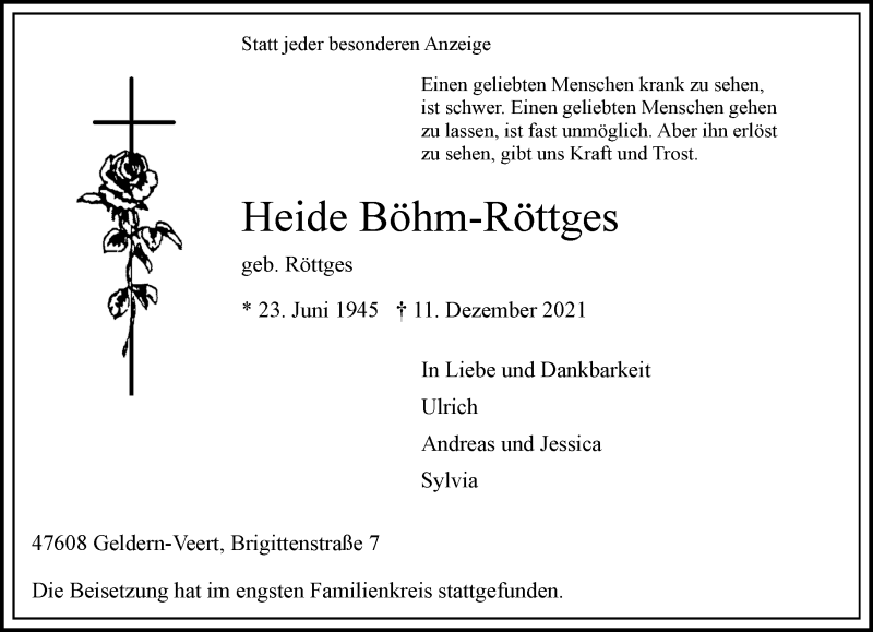  Traueranzeige für Heide Böhm-Röttges vom 29.12.2021 aus Rheinische Post