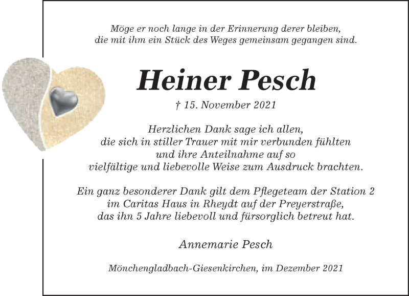  Traueranzeige für Heiner Pesch vom 24.12.2021 aus Rheinische Post
