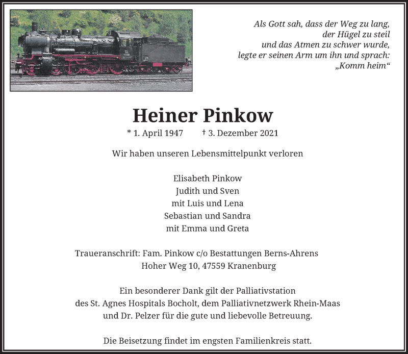  Traueranzeige für Heiner Pinkow vom 06.12.2021 aus Rheinische Post