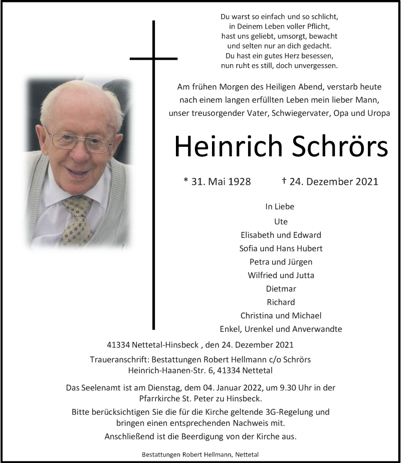  Traueranzeige für Heinrich Schrörs vom 31.12.2021 aus Rheinische Post