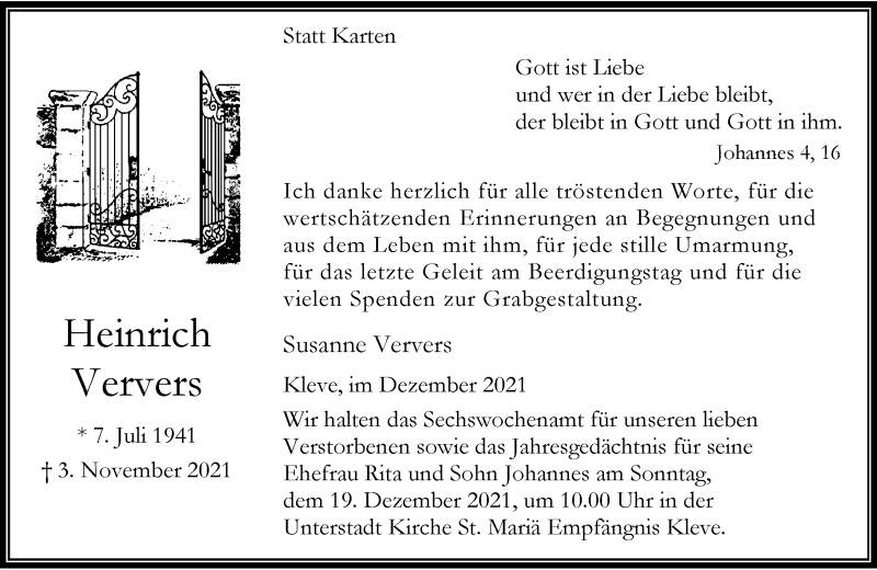  Traueranzeige für Heinrich Ververs vom 11.12.2021 aus Rheinische Post