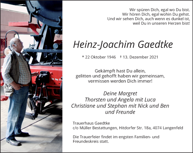  Traueranzeige für Heinz-Joachim Gaedtke vom 18.12.2021 aus Rheinische Post