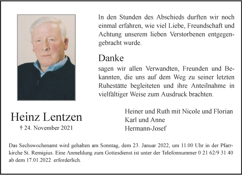  Traueranzeige für Heinz Lentzen  vom 15.01.2022 aus Rheinische Post