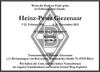 Traueranzeige von Heinz-Peter Giezenaar von Rheinische Post