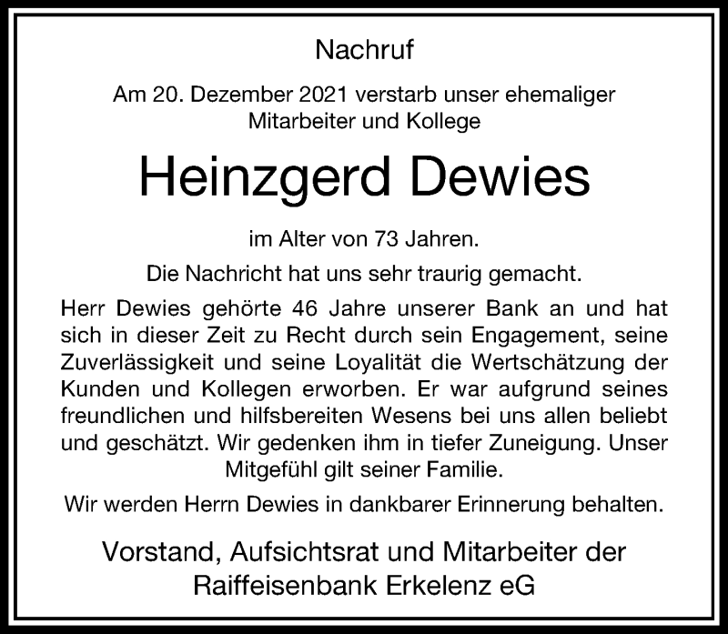  Traueranzeige für Heinzgerd Dewies vom 29.12.2021 aus Rheinische Post