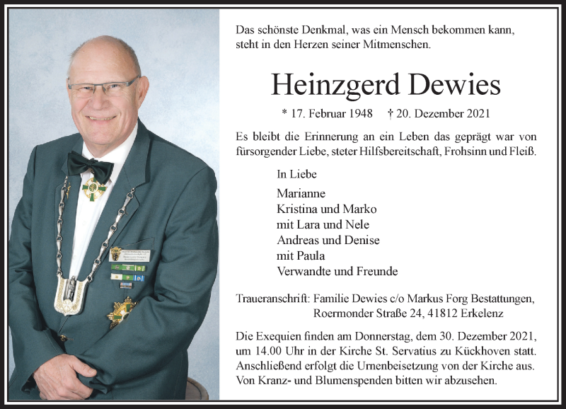  Traueranzeige für Heinzgerd Dewies vom 24.12.2021 aus Rheinische Post