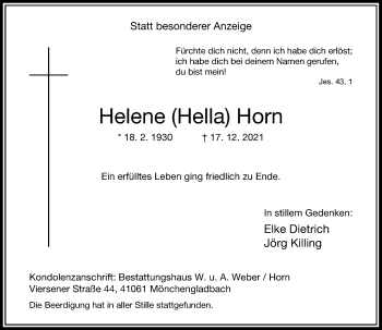 Traueranzeige von Helene Horn von Rheinische Post