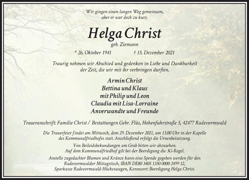 Traueranzeige für Helga Christ vom 27.12.2021 aus Rheinische Post