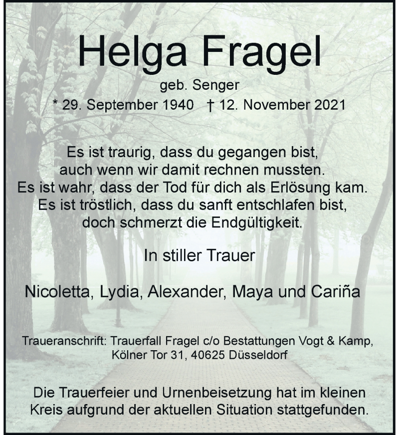  Traueranzeige für Helga Fragel vom 04.12.2021 aus Rheinische Post