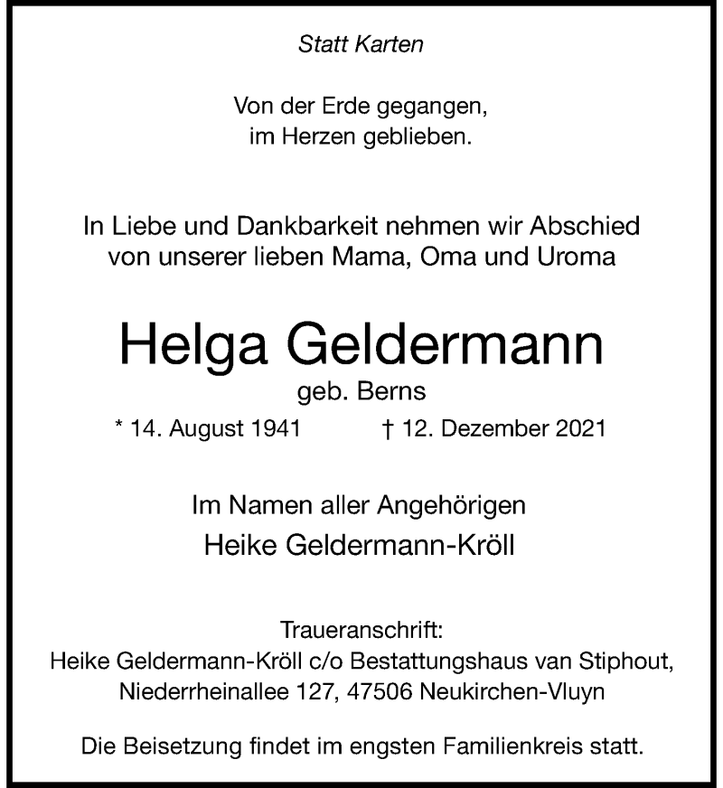  Traueranzeige für Helga Geldermann vom 18.12.2021 aus Rheinische Post