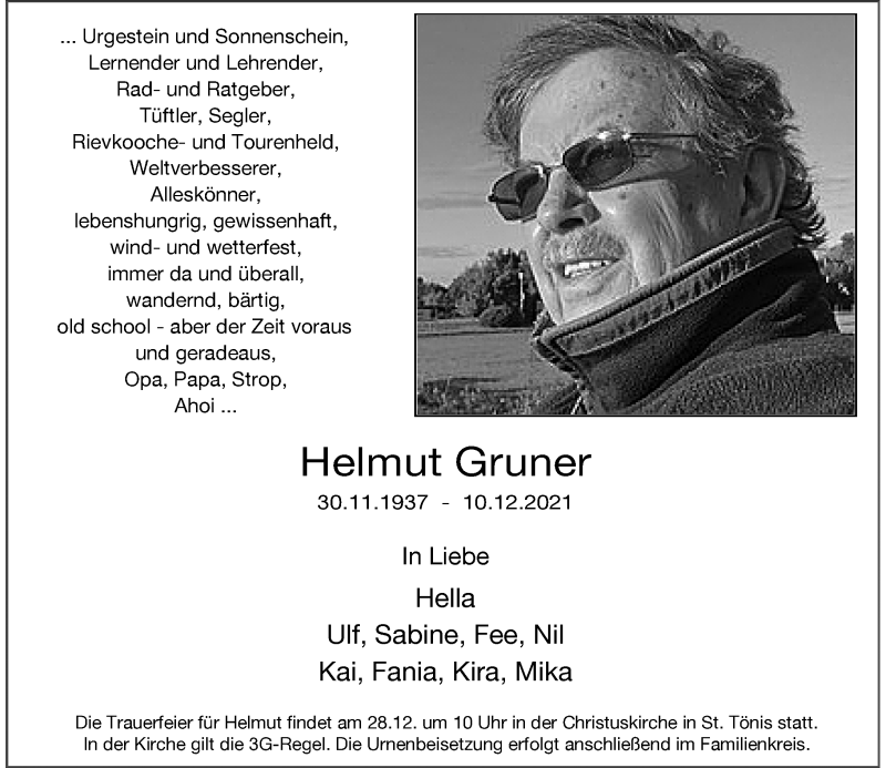  Traueranzeige für Helmut Gruner vom 21.12.2021 aus Rheinische Post