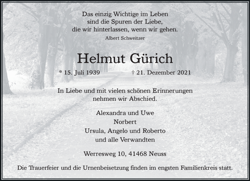 Traueranzeige für Helmut Gürich vom 24.12.2021 aus Rheinische Post