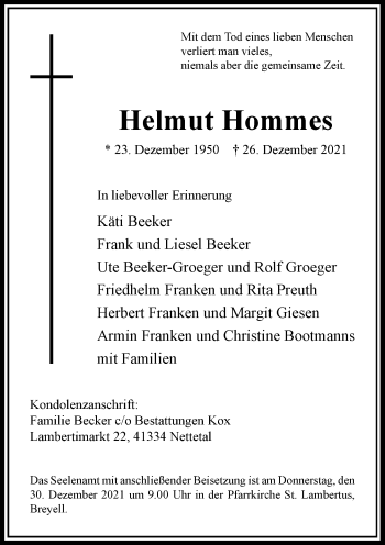 Traueranzeige von Helmut Hommes von Rheinische Post