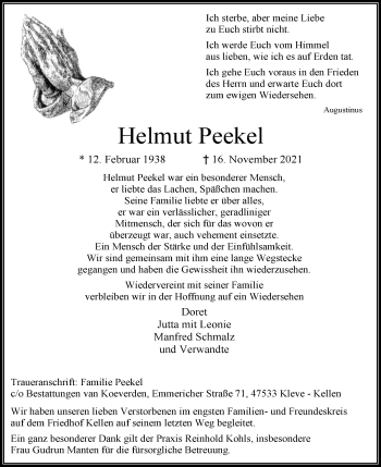 Traueranzeige von Helmut Peekel von Rheinische Post