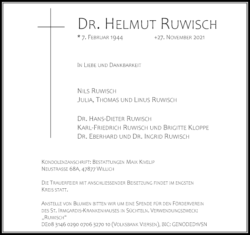  Traueranzeige für Helmut Ruwisch vom 04.12.2021 aus Rheinische Post
