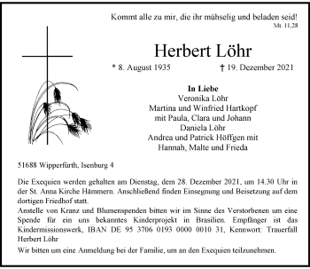 Traueranzeige von Herbert Löhr von Rheinische Post