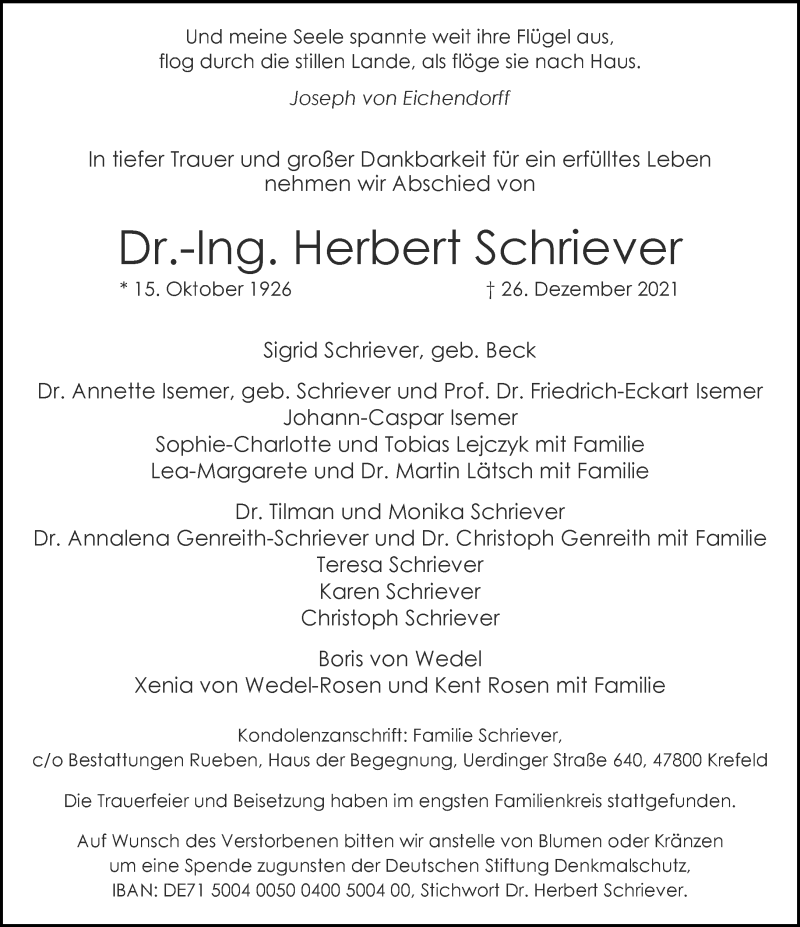  Traueranzeige für Herbert Schriever vom 08.01.2022 aus Rheinische Post