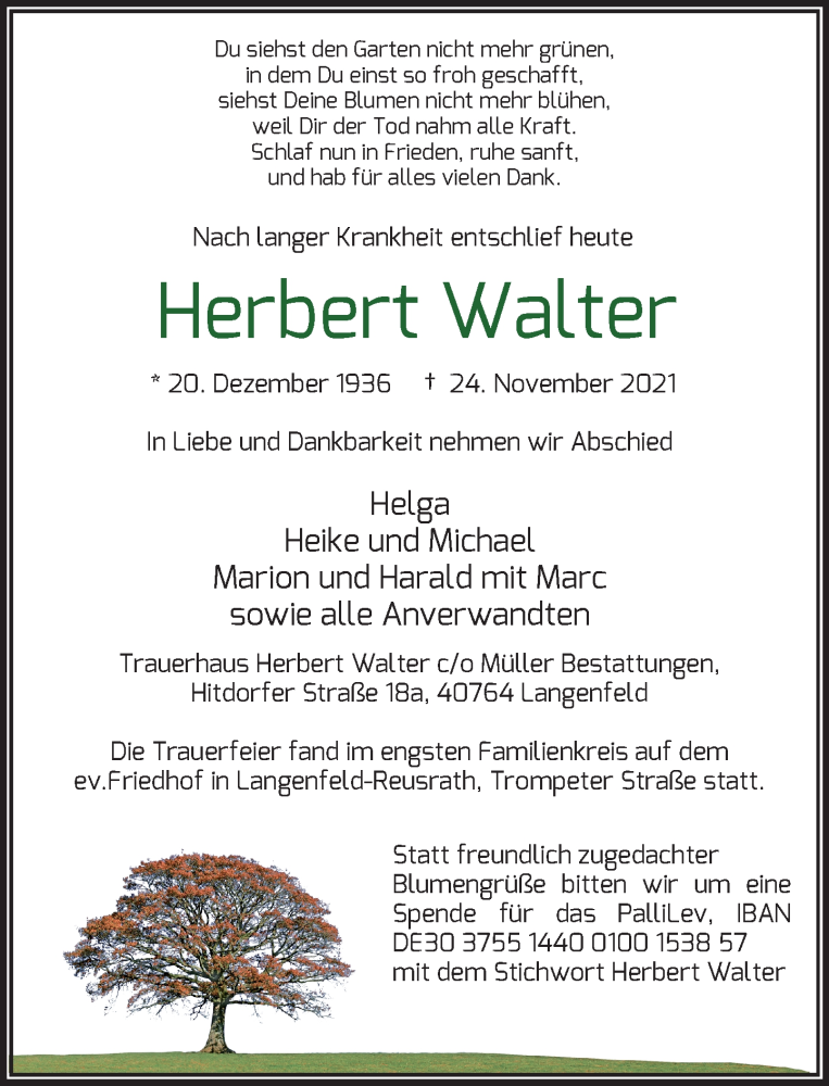  Traueranzeige für Herbert Walter vom 18.12.2021 aus Rheinische Post