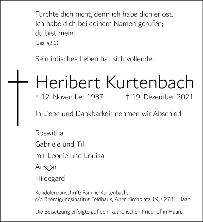  Traueranzeige für Heribert Kurtenbach vom 31.12.2021 aus Rheinische Post