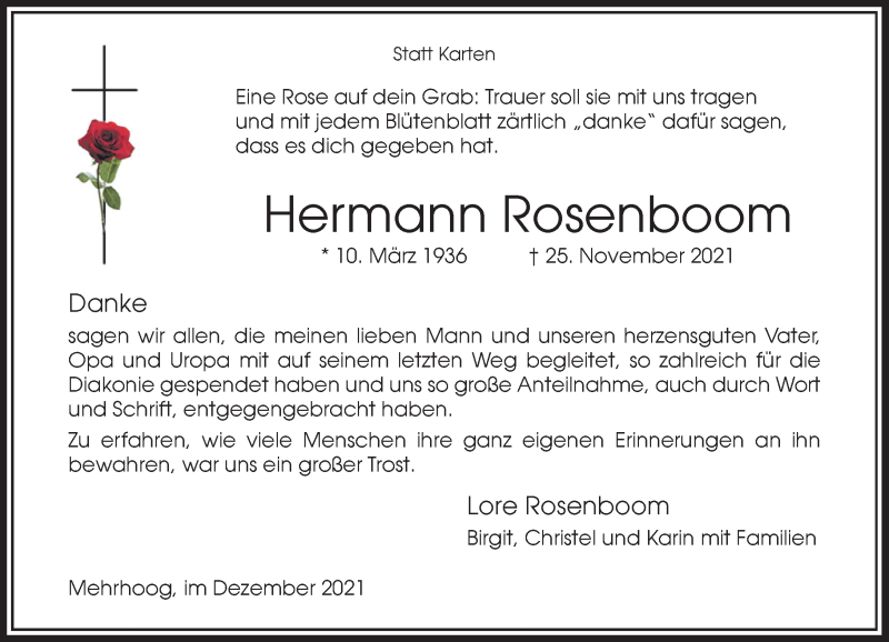  Traueranzeige für Hermann Rosenboom vom 18.12.2021 aus Rheinische Post
