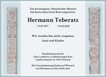 Traueranzeige von Hermann Teberatz von Rheinische Post