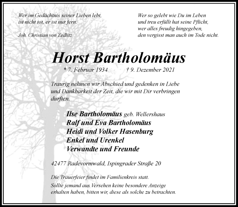  Traueranzeige für Horst Bartholomäus vom 18.12.2021 aus Rheinische Post