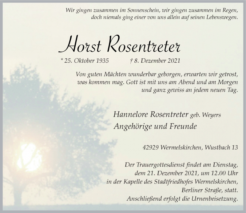  Traueranzeige für Horst Rosentreter vom 18.12.2021 aus Rheinische Post