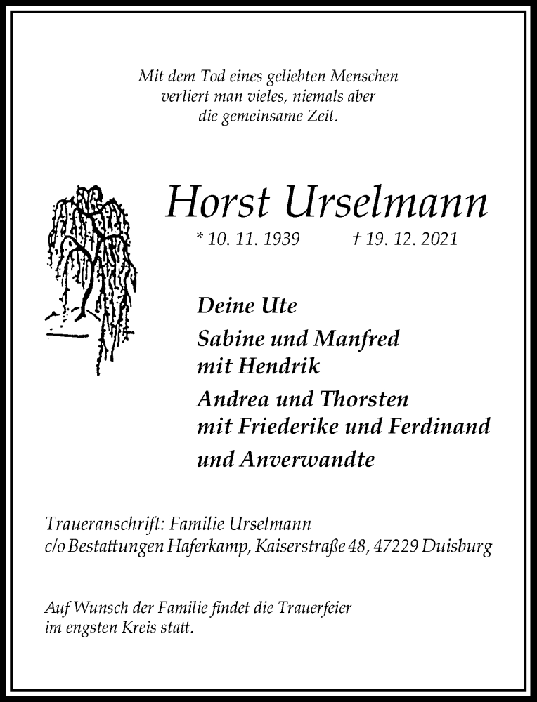  Traueranzeige für Horst Urselmann vom 29.12.2021 aus Rheinische Post