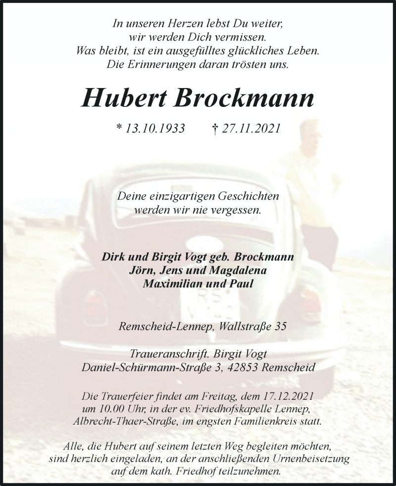  Traueranzeige für Hubert Brockmann vom 04.12.2021 aus Rheinische Post