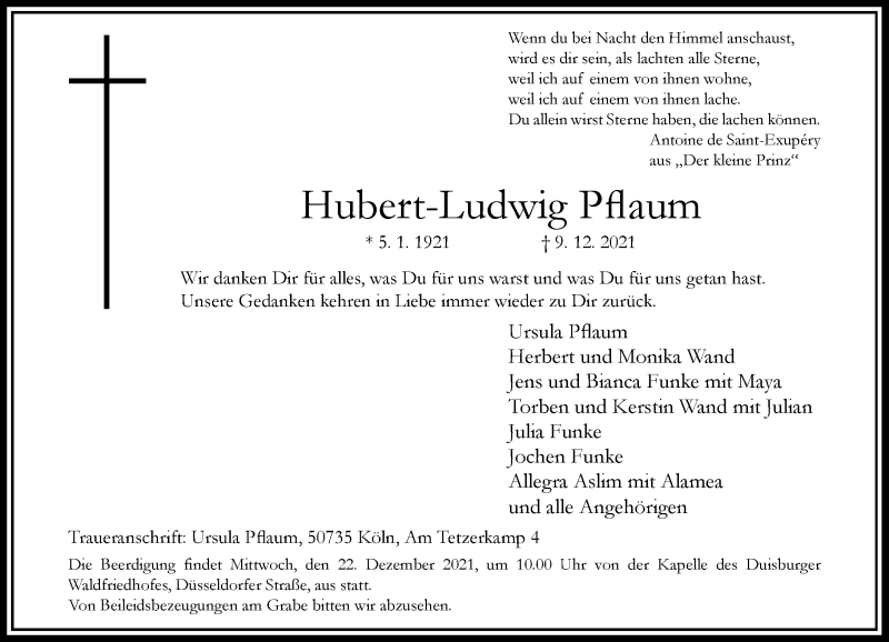  Traueranzeige für Hubert-Ludwig Pflaum vom 18.12.2021 aus Rheinische Post
