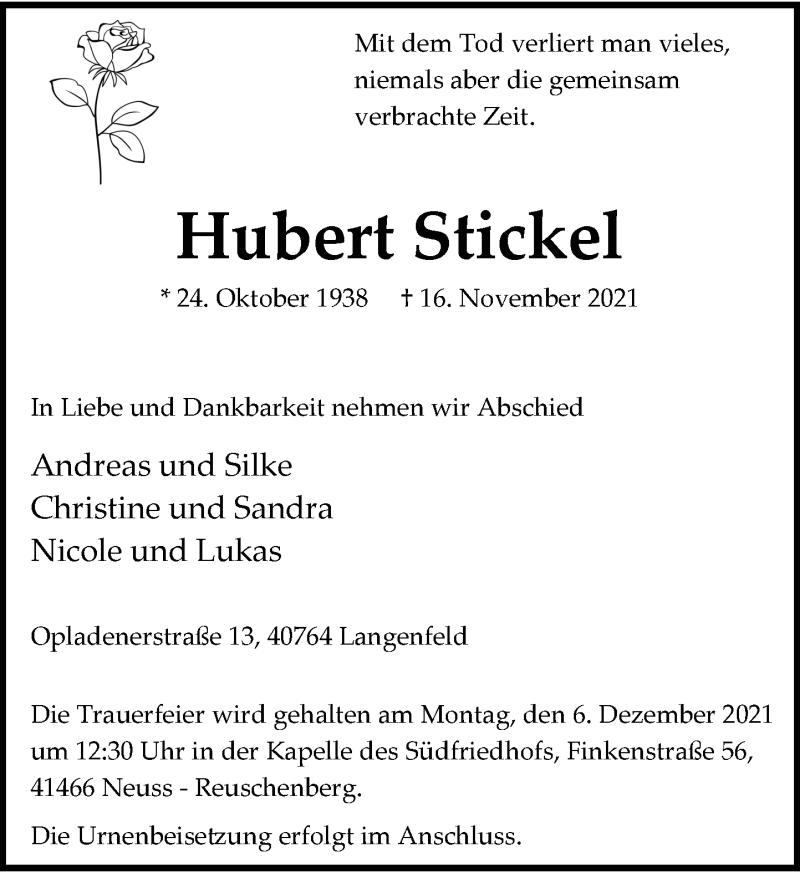  Traueranzeige für Hubert Stickel vom 01.12.2021 aus Rheinische Post