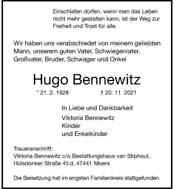 Traueranzeige von Hugo Bennewitz von Rheinische Post